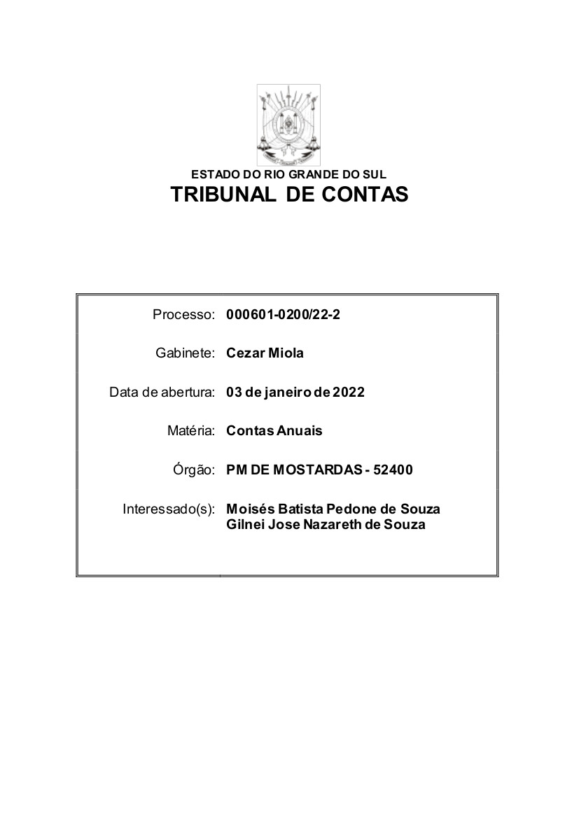 Disponível Processo de  Prestação de Contas Anuais dos Gestores da Prefeitura Municipal de Mostardas Exercício 2022