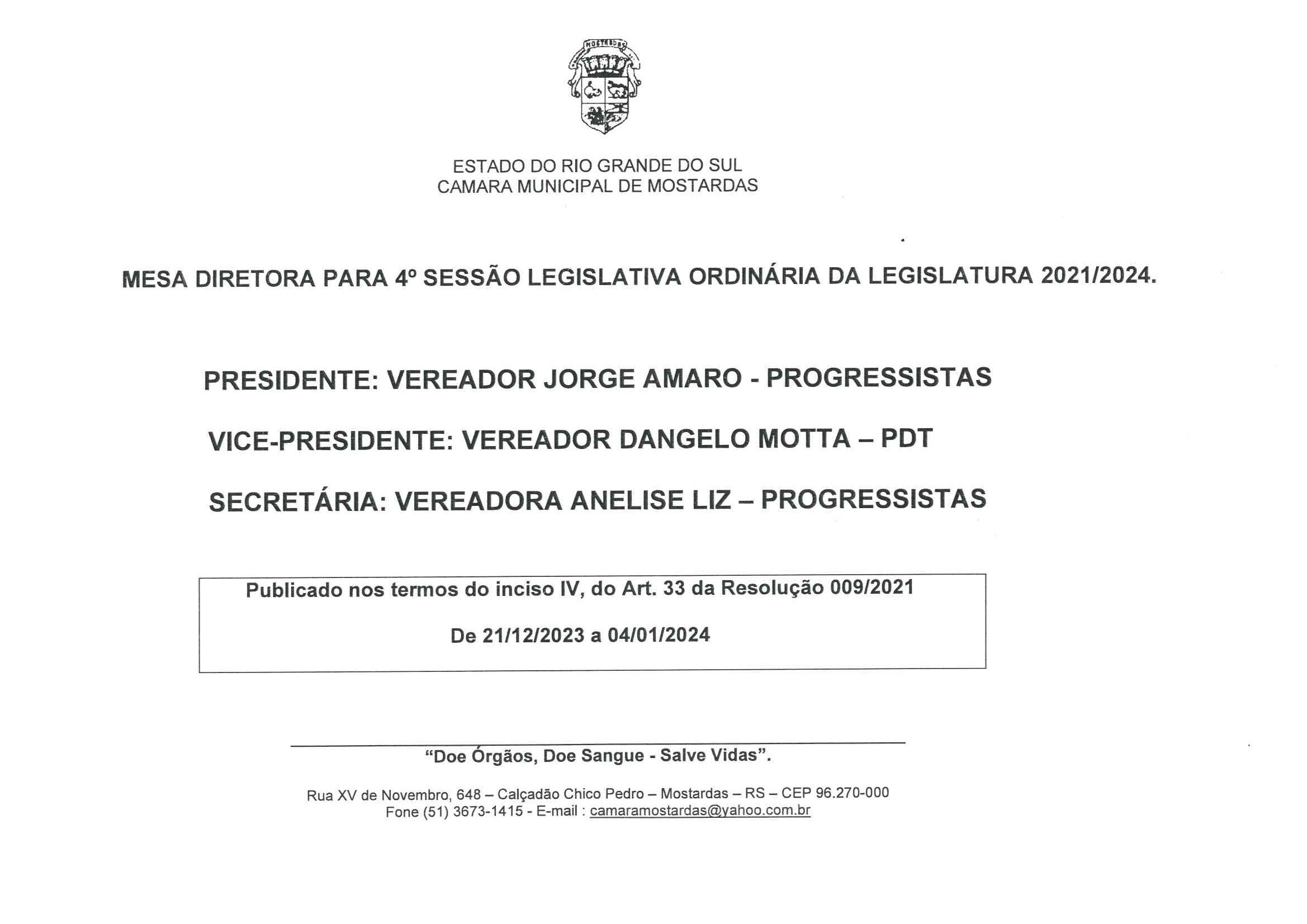 Mesa Diretora 2024 da Câmara Municipal de Vereadores